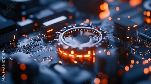 Obraz na płótnie Artistic View of a Circuit Board with a Glowing Component and LED Lights : Generative AI w salonie
