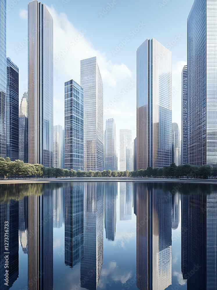 Magnificent Reflections of Corporate Towers in Calm Water Creating a Serene Urban Scene : Generative AI