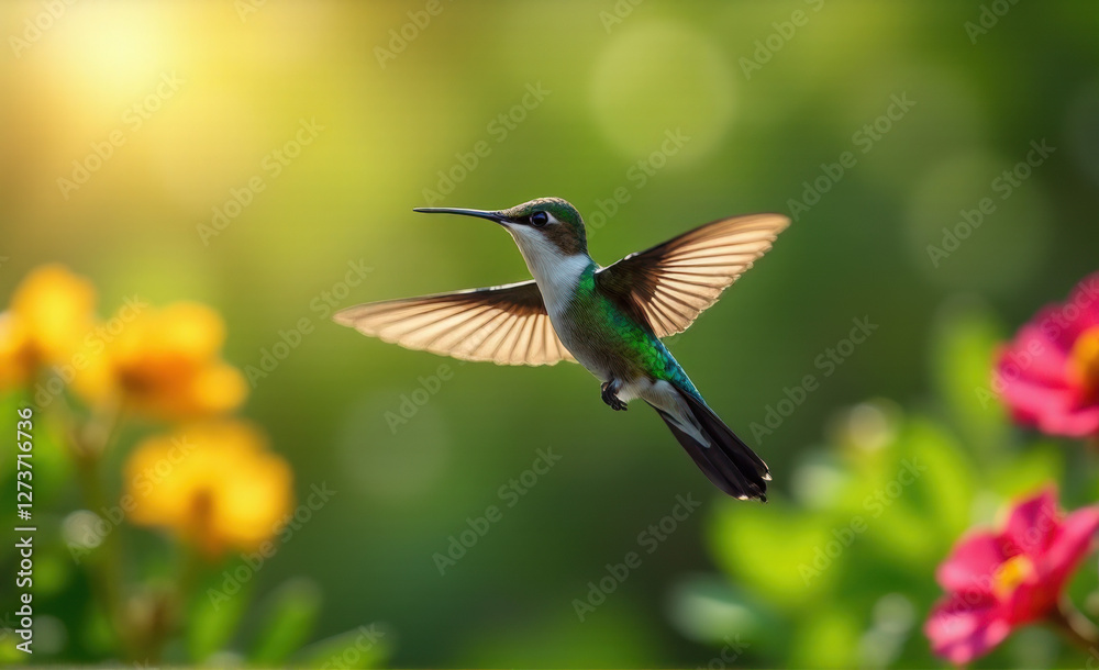 Naklejka premium hummingbird in flight blurry natural background