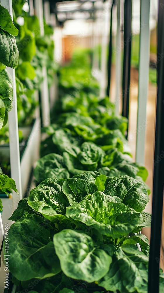 Lush Green Hydroponic Lettuce Growing in Indoor Vertical Farm Environment : Generative AI