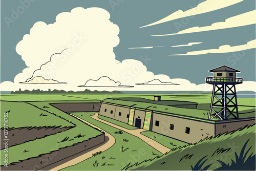 Expansive fortress walls, lush green grass, towering white cloud formation, vibrant blue sky, historical military structure, lookout tower, dramatic landscape, wide-angle perspective, summer day, a