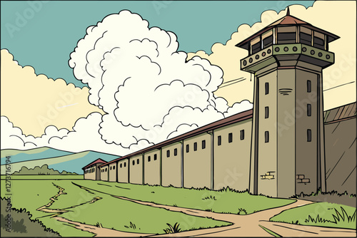  Expansive fortress walls, lush green grass, towering white cloud formation, vibrant blue sky, historical military structure, lookout tower, dramatic landscape, wide-angle perspective, summer day, a