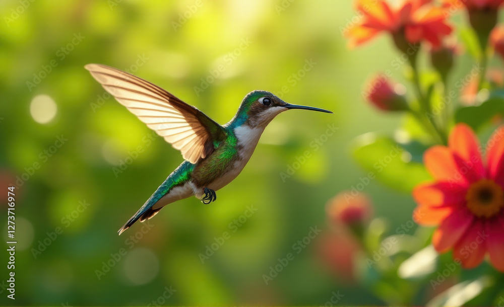 hummingbird in flight among flowers hummingbird in flight among flowers