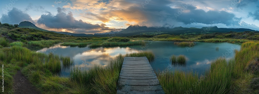 Obraz premium Panoramic photograph of the entire path on Mountain and a vertically placed wooden guardrail bridge over an abyss with a view of distant mountains and the sky at sunset.
