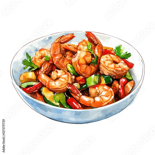 Vegetables red chili peppers background white Stir-fried shrimp vector