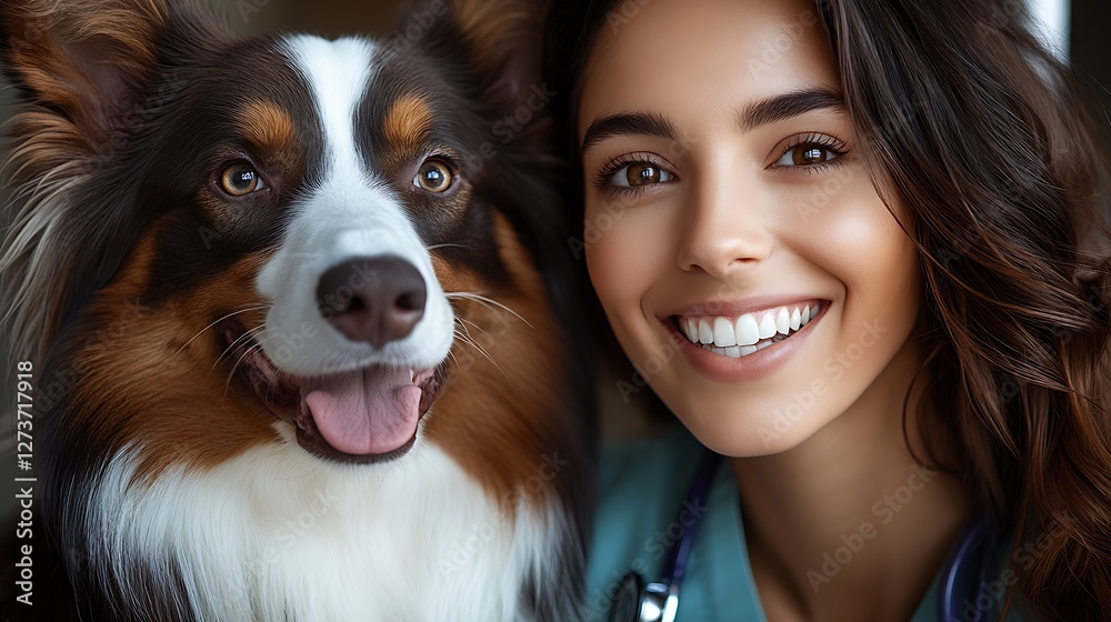 Joyful Veterinary Assistant with Dog Showcasing Professional Bonding : Generative AI