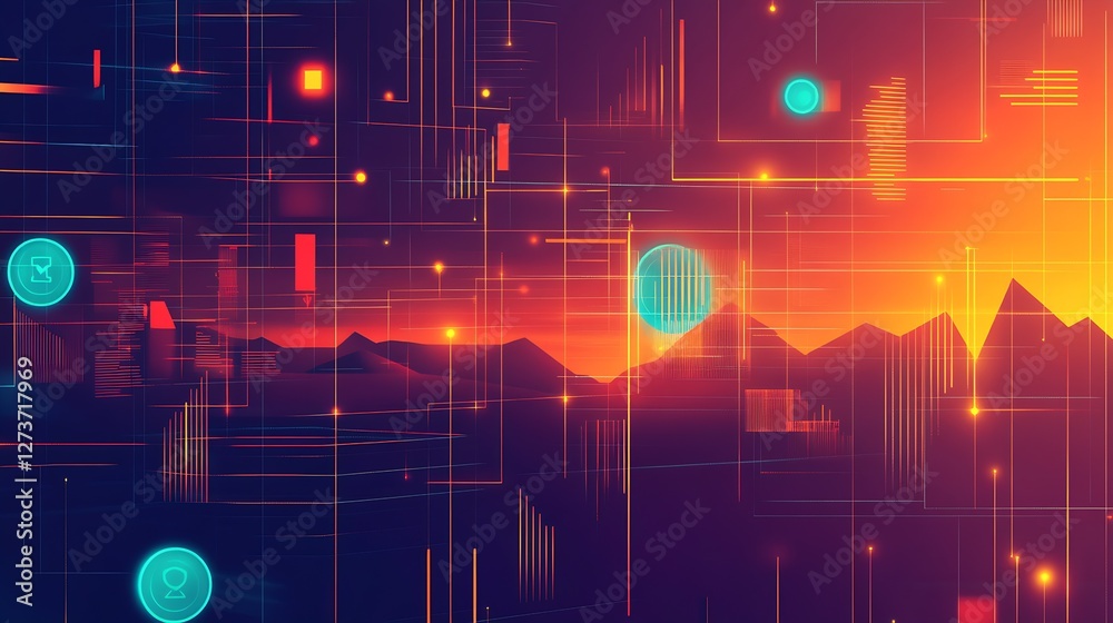 Dynamic digital landscape with geometric shapes and glowing icons against a sunset backdrop : Generative AI