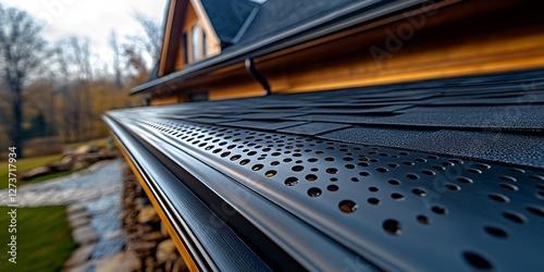 Obraz na płótnie Detailed close up of a newly installed gutter showcasing its sleek surface and surrounding natural beauty : Generative AI w salonie