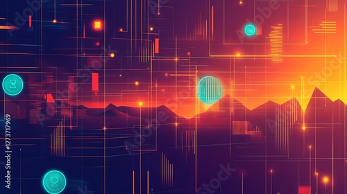 Obraz na płótnie Dynamic digital landscape with geometric shapes and glowing icons against a sunset backdrop : Generative AI w salonie