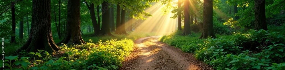 Obraz premium Winding forest path illuminated by sunlight filtering through trees, tree leaves, winding path