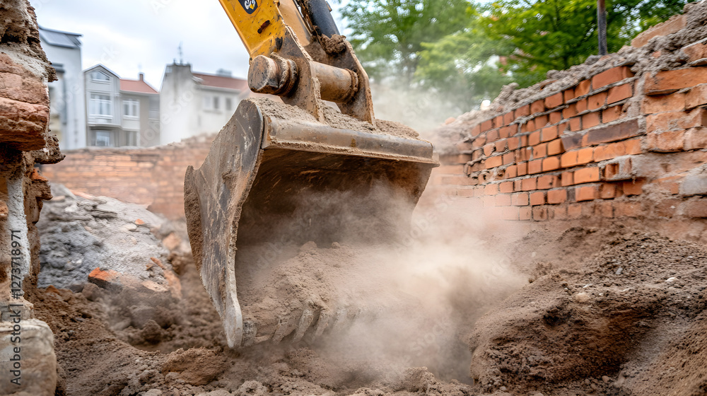 Fototapeta premium Excavation work in urban setting construction site heavy machinery dusty environment close-up view industrial development