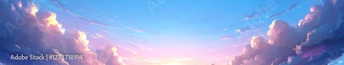 Panoramic sky view of the sun shining through clouds, with a light blue and pink sky, a fantasy sky background, a dreamy sky