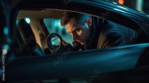 A detective searching a suspect’s car for evidence. Featuring forensic methods and investigative techniques