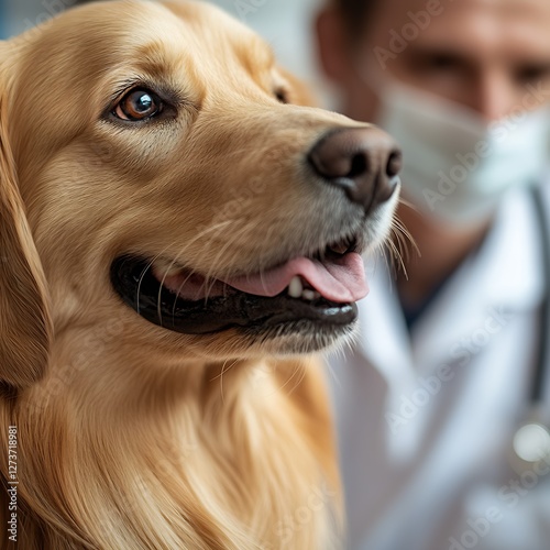 Golden Retriever with Vet Wearing Mask Demonstrating Care and Compassion : Generative AI