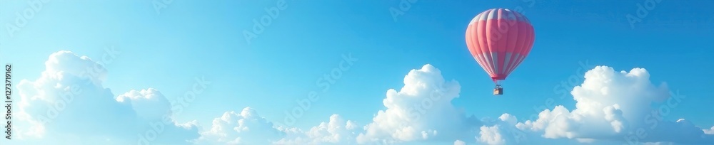 Fototapeta premium Hot air balloon gazing out at a brilliant blue sky with puffy white clouds, clear, cloudless, space