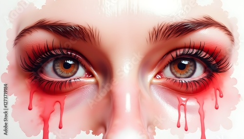 Surreal painting of a woman with bleeding eyes