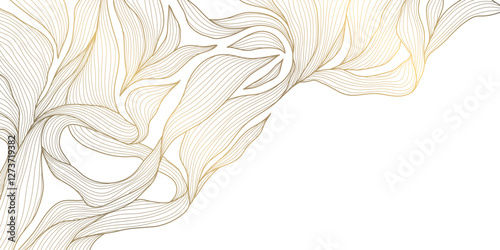 Fototapeta Naklejka Na Ścianę i Meble -  Vector gold leaves, floral luxury frame background, nature line abstract illustration, wave wedding illustration. Japanese premium texture