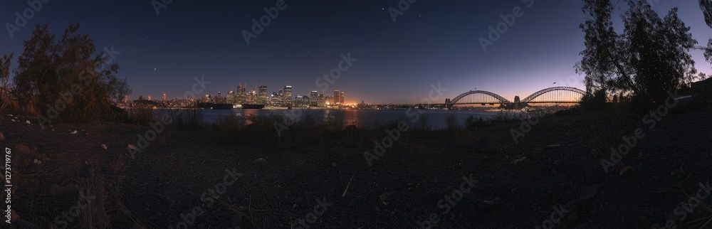 Obraz premium Panoramic view of city skyline Bridge at night, clear sky, no clouds, no buildings in front of or near the bridge, no reflections on the water surface, sharp focus