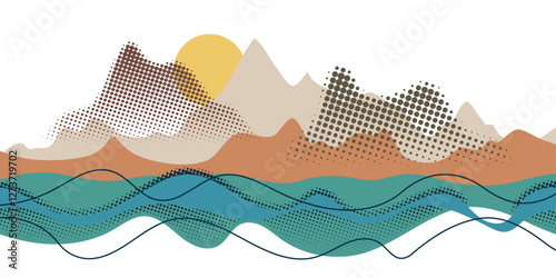 Abstract landscape, stylized mountains and sea, vector illustration
