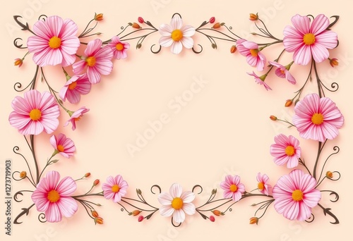 Pink and white cosmos flowers frame a pastel background