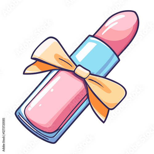 An opened pink lip gloss product with label and ribbon bow illustration cosmetics lipstick vector