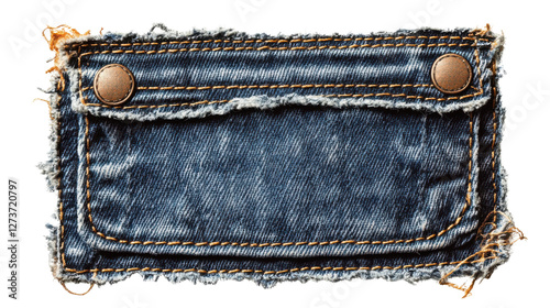 A worn denim patch featuring two metal buttons and frayed edges, showcasing a textured fabric design.