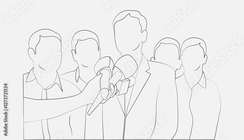 Press conference microphones black and white 2D cartoon objects. Public speaking. Media briefing isolated vector outline.