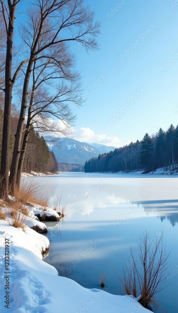 A frozen lake in the winter landscape with bare trees and a clear blue sky, bare trees, serene A frozen lake in the winter landscape with bare trees and a clear blue sky, bare trees, serene