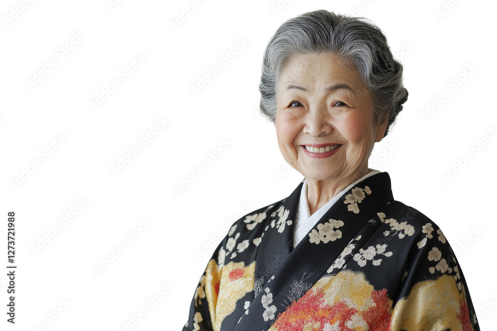 cheerful elderly Asian woman in kimono smiling isolated on transparent white background cheerful elderly Asian woman in kimono smiling isolated on transparent white background