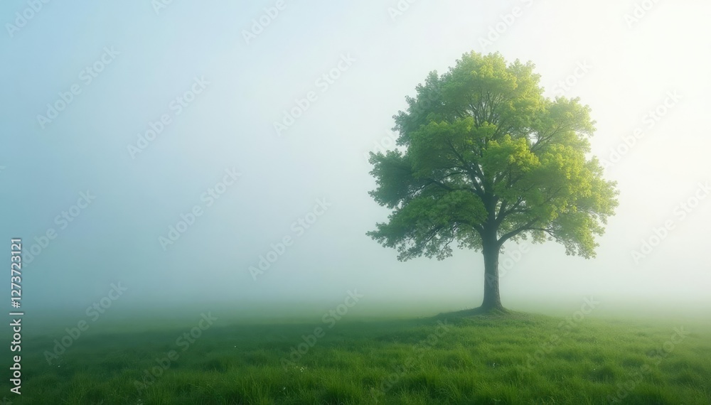 Fototapeta premium A thick layer of fog wraps around a solitary tree, natural scenery, peaceful, isolated
