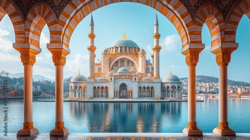 Fototapeta premium A grand mosque with domes and minarets, glowing in golden Ramadan lights, with lanterns hanging from trees and stars twinkling above.