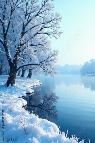 Blue frost-covered branches sway gently in the wind on a frozen lake, frozen, blue