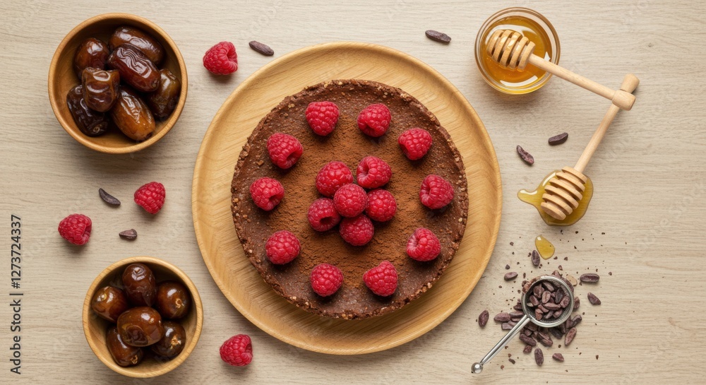 A beautifully styled top-down view of an organic dessert. A wooden plate holds a raw vegan chocolate cake topped with fresh raspberries and a dusting of cacao powder. Surrounding elements include a bo A beautifully styled top-down view of an organic dessert. A wooden plate holds a raw vegan chocolate cake topped with fresh raspberries and a dusting of cacao powder. Surrounding elements include a bo