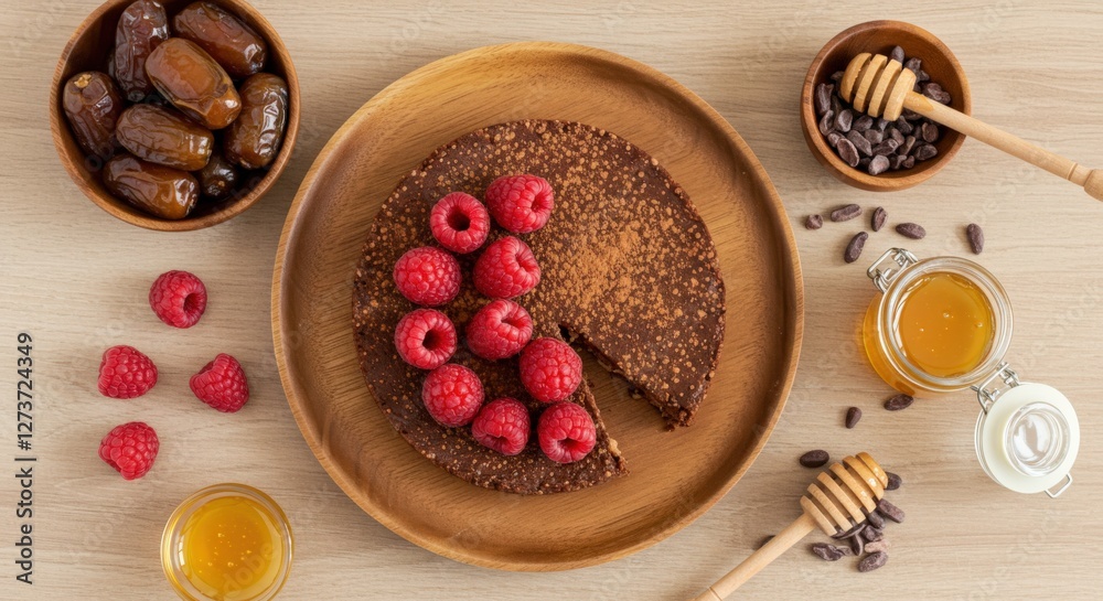 A beautifully styled top-down view of an organic dessert. A wooden plate holds a raw vegan chocolate cake topped with fresh raspberries and a dusting of cacao powder. Surrounding elements include a bo A beautifully styled top-down view of an organic dessert. A wooden plate holds a raw vegan chocolate cake topped with fresh raspberries and a dusting of cacao powder. Surrounding elements include a bo