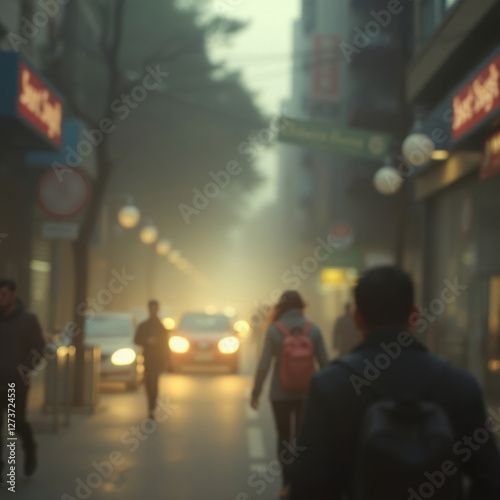 Wallpaper Mural Busy urban street shrouded in fog during early morning rush hour with pedestrians and cars navigating through low visibility Torontodigital.ca