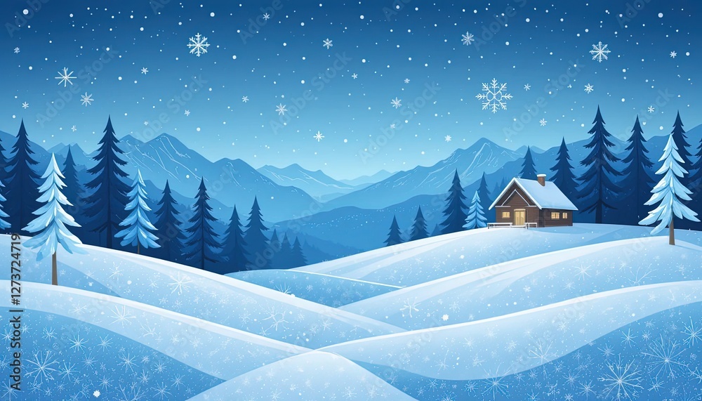 Fototapeta premium Winter wonderland landscape with snow-covered trees and a cabin