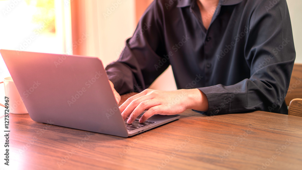 remote work, digital productivity, and professional business operations, featuring a person typing on a laptop and online communication. work-life balance, freelancing, and business efficiency.