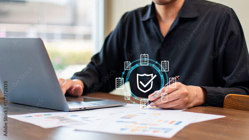 cybersecurity, data protection, and business compliance, digital icons symbolize security, verification, and document management, creating a modern business and technology concept.