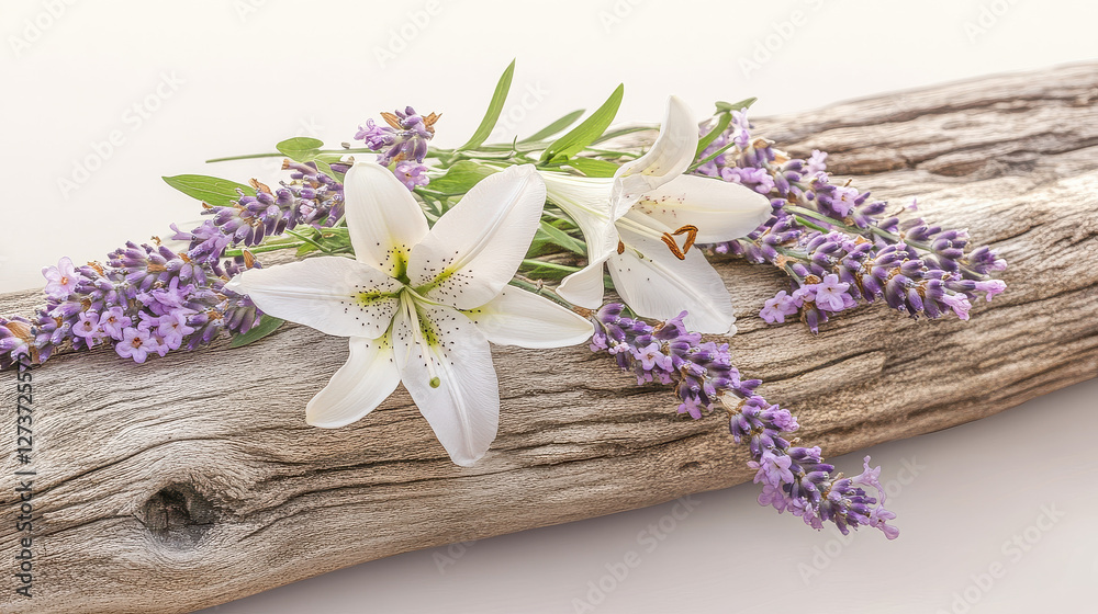 A weathered wooden cross wrapped in lavender, white lilies, and wild roses A weathered wooden cross wrapped in lavender, white lilies, and wild roses
