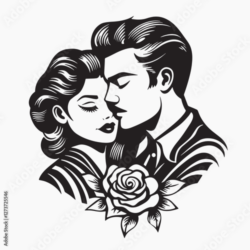 Romantic vintage couple illustration, old school tattoo vector
