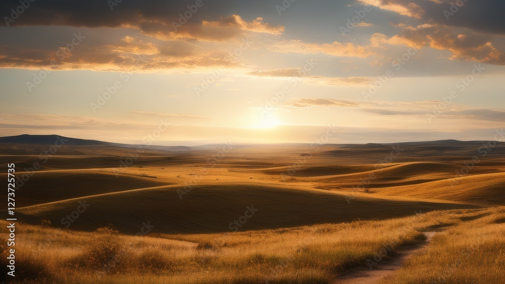 Golden Steppe Landscape at Sunset with Rolling Hills and Vast Grasslands Golden Steppe Landscape at Sunset with Rolling Hills and Vast Grasslands