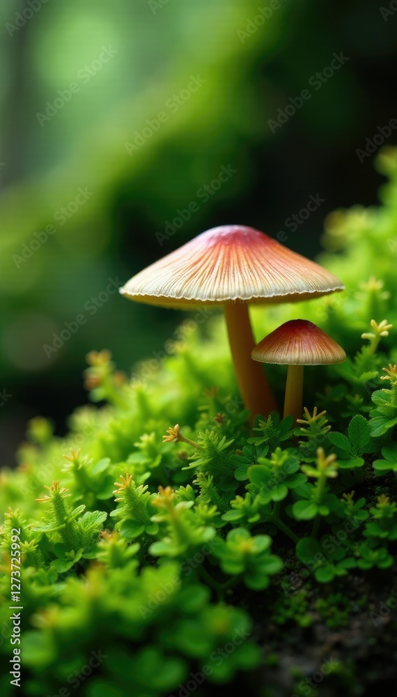 Delicate tree mushroom caps are visible among lush green moss, nature, green moss, organic Delicate tree mushroom caps are visible among lush green moss, nature, green moss, organic