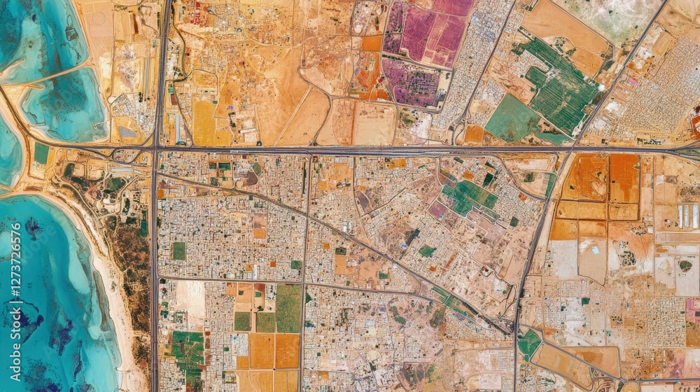 Obraz premium Aerial View of Coastal Cityscape and Surrounding Agricultural Lands: A Bird's Eye Perspective of Urban Development and Rural Landscapes