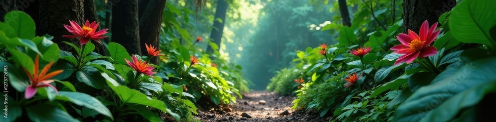 Exotic flowers bloom on jungle paths amidst thick foliage, jungle path, greenery Exotic flowers bloom on jungle paths amidst thick foliage, jungle path, greenery