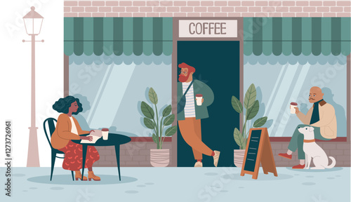 Cozy café with a terrace, people enjoying coffee, warm and friendly city morning. Flat vector illustration 
