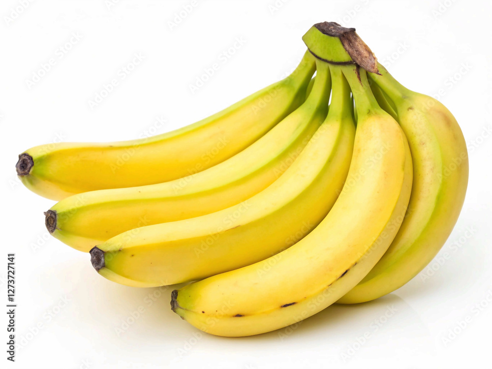 Fresh, ripe bananas with vibrant yellow peels and some green and brown accents, isolated on a clean white surface Fresh, ripe bananas with vibrant yellow peels and some green and brown accents, isolated on a clean white surface