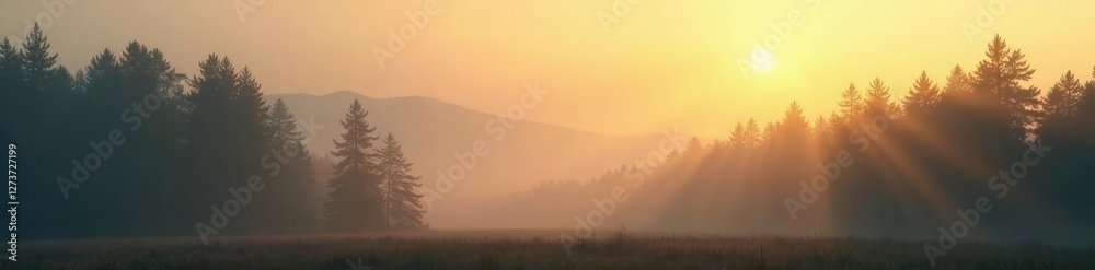 Foggy forest with warm beige sky at dawn and misty atmosphere, dawn, soft focus Foggy forest with warm beige sky at dawn and misty atmosphere, dawn, soft focus