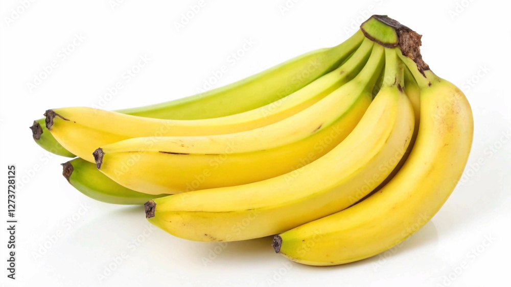 A group of five appealing bananas, ready to be peeled and enjoyed as a healthy snack, presented on a white background A group of five appealing bananas, ready to be peeled and enjoyed as a healthy snack, presented on a white background