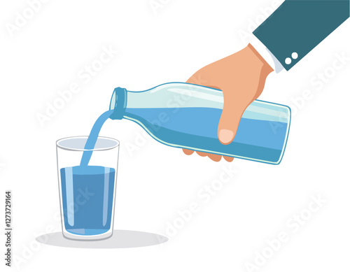 Hand holding and pouring water from bottle to glass on white background