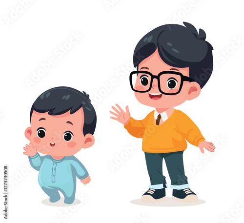 cute little boy say hello with young brother